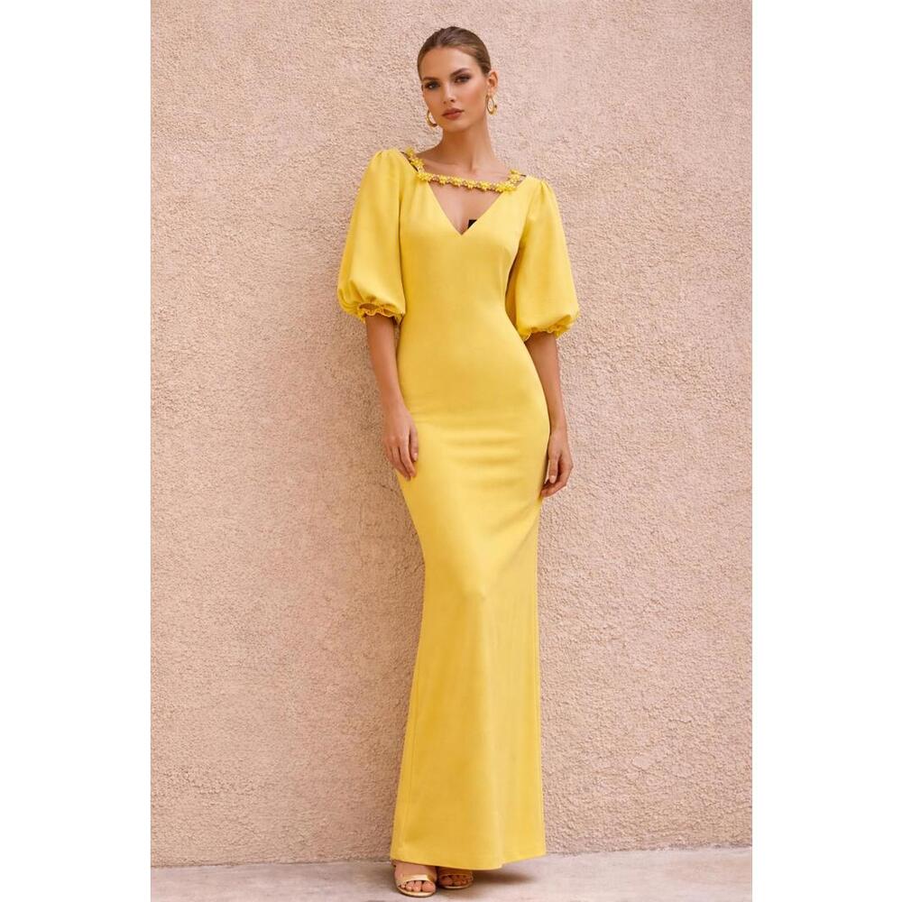 Badgley Mischka Yellow Long Sleeve Puff-Sleeve Gown w beading
